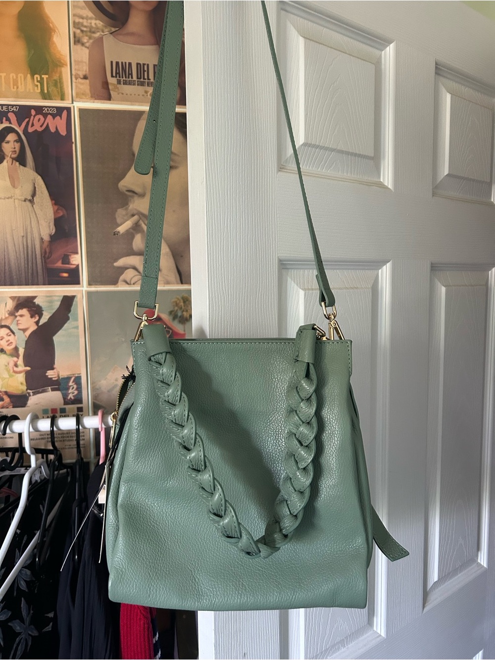 Light teal Leather Braided-Handle Shoulder Bag - Women